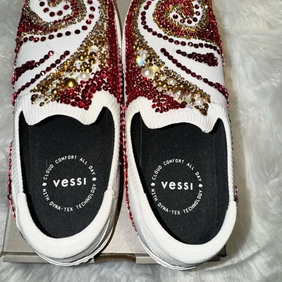 Hand-Embellished Ruby & Gold Rhinestone Sneakers Custom Wearable Art Statement - Picture 9 of 9
